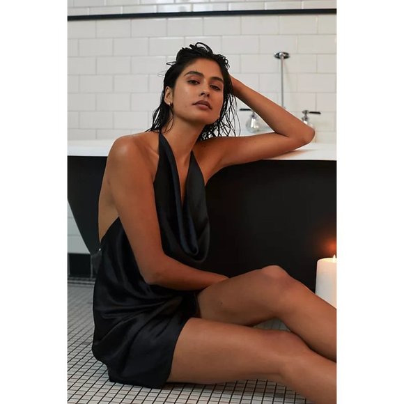 Anthropologie Eva Franco Cowl Neck Black Mini Lingerie Dress Open Back - Picture 3 of 4